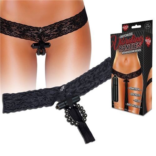 Hustler Lingerie Vibrating Lace Thong With Stimulating Beads Black S/M