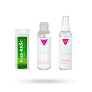 Kit Med Fleshlight Renewing Powder 118 Ml, Vuxen Aqua Glidmedel 150 Ml & Toy Cleaner 150 Ml