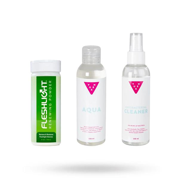 KIT MED FLESHLIGHT RENEWING POWDER 118 ML, VUXEN AQUA GLIDMEDEL 150 ML & TOY CLEANER 150 ML