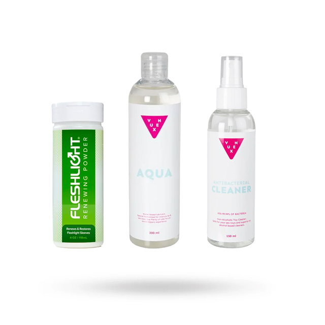 KIT MED FLESHLIGHT RENEWING POWDER 118 ML, VUXEN AQUA GLIDMEDEL 300 ML & TOY CLEANER 150 ML