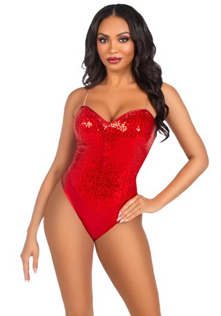 Sequin Boned Bodysuit Red