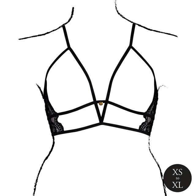 Open Cup Triangle Bra with Lace and Adjustable Sliders - Black