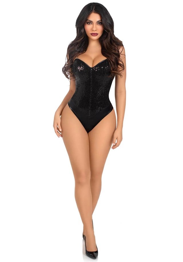 Sequin Boned Bodysuit Black