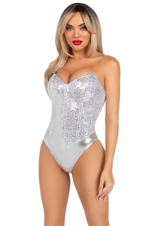 Sequin Boned Bodysuit Silver