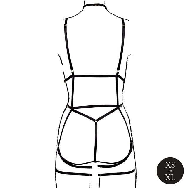 Strappy Open Cup Body Harness with Garters - Black