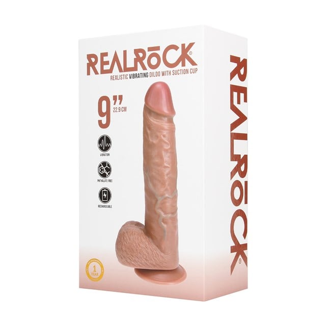 Vibrating Regular Straight Cock with Balls 23 cm - Tan