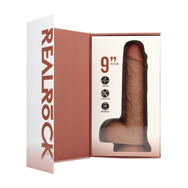 Vibrating Regular Straight Cock with Balls 23 cm - Tan